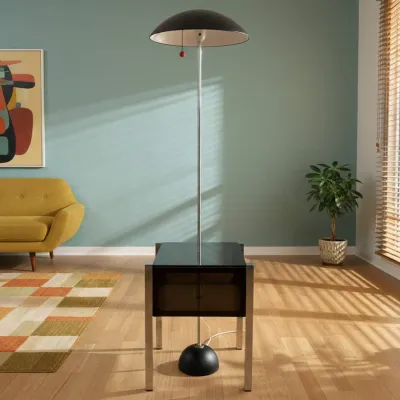 Sale Photo Thumbnail #78: Mid-century modern floor lamp with a black dome shade and integrated glass-top side table, set in a retro-styled living room.