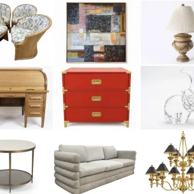 Sale Photo Thumbnail #74: A collage of home furnishings and decor, including a set of four rattan barrel chairs, a rolltop desk, a red campaign-style chest of drawers, a modern sofa, and a brass chandelier.
