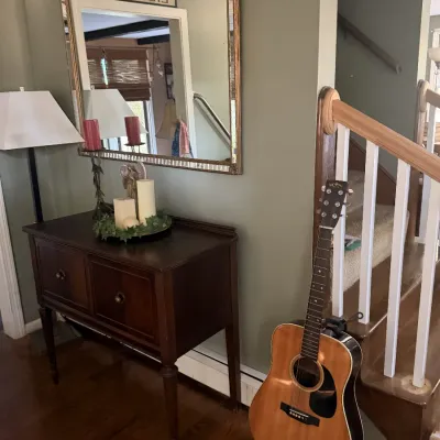Vintage Sigma dreadnought acoustic guitar in natural finish w/ stand (great condition), vintage dark wood buffet table, large rectangular...