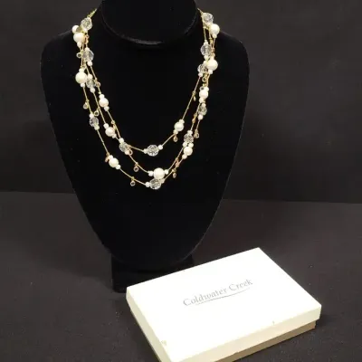 Coldwater Creek Tri-Tiered Necklace - Goldtone Chain W/Pearltone & Clear Stones 
