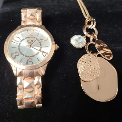 Premier Designs Rose Gold Glam! Costume Jewelry  Watch and Matching Multi-charm Necklace 