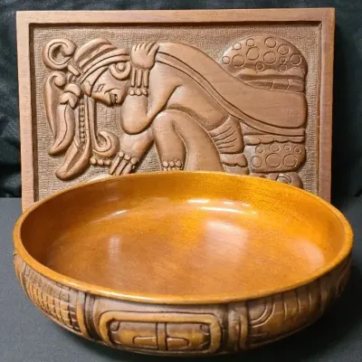 Mesoamerican Relief Motifs Wall Plaque and Bowl