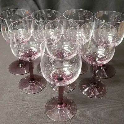 Fostoria “Corsage” Amethyst Purple Floral Stem Wine Glasses - Set of 8