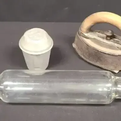 Grandma’s Kitchen Helpers – Glass Rolling Pin, Sad Iron & Aluminum Shaker