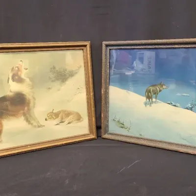 Call of the Wild – Mid-Century Framed Wild Animals in Winter Art Pair