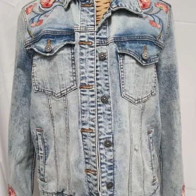 Acid Washed Destressed Denim Jacket With Rose Applicades  By Driftwood Size L