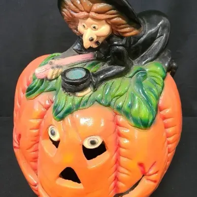 Jolly Jack-O-Lantern With Witch Hitching A Ride - Decorative Accent