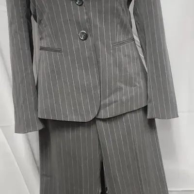 Ladies Wide Leg Grey Pinstripe Suit Size 8