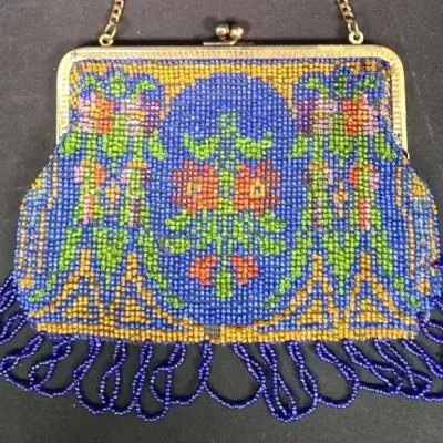 Antique Floral Micro-Beaded Evening Purse with Fringe