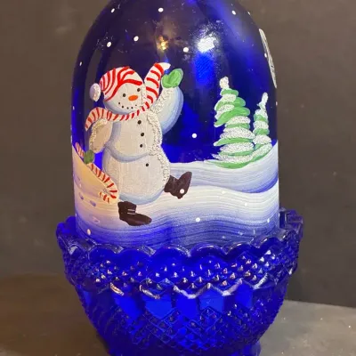 Fenton Cobalt Blue Jolly Snowman Fairy Lamp
