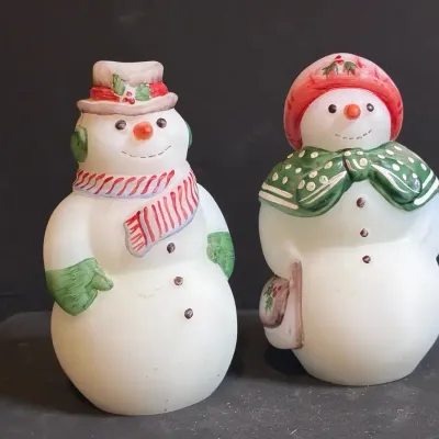 Fenton Opal Satin Glass Mr. & Mrs. Snowman