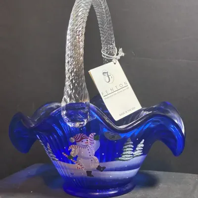 Fenton Cobalt Blue Jolly Snowman Basket
