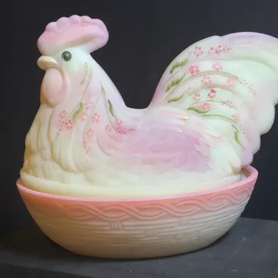 Fenton Burmese Glass Rooster On Nest