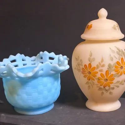 Fenton Powder Blue Satin Basket & Custard Ginger Jar