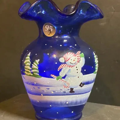 Fenton Cobalt Blue Snowman Ruffle Vase
