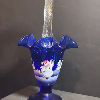 Fenton Cobalt Blue Jolly Snowman Footed Basket