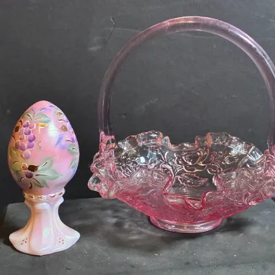 Fenton Dusty Rise Punk Basket & Pink Iridescent Egg On Pedestal