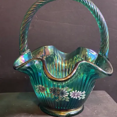 Fenton Iridescent Green Basket 