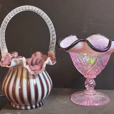 Fenton Pink Carnival Glass Cabbage Rose Compote & Striped Basket