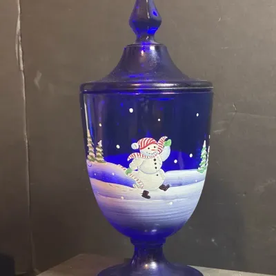 Fenton Cobalt Blue Jolly Snowman Candy Dish