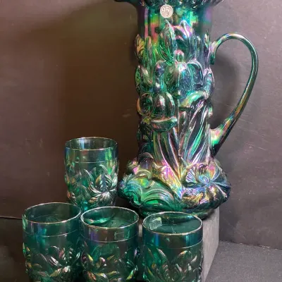 Fenton Iris Spruce Carnival Glass Pitcher And Tumblers