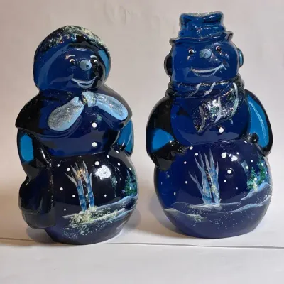 Fenton Iridescent Blue/cobalt Mr. & Mrs. Snowman/Snowlady