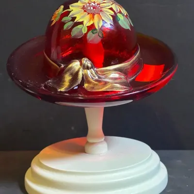 Fenton Ruby Red Hand Painted Hat With Stand