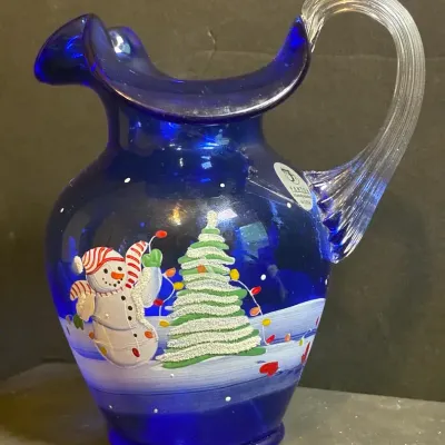 Fenton Cobalt Blue “Jolly Snowman” Pitcher & Egg On Pedestal