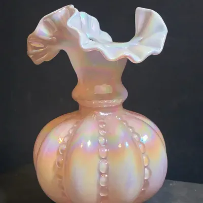 Fenton Iridescent Sunset Overlay Beaded Melon Vase