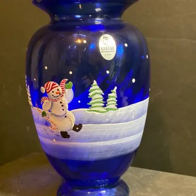 Fenton Hand Painted Cobalt Blue Jolly Snowman Vase