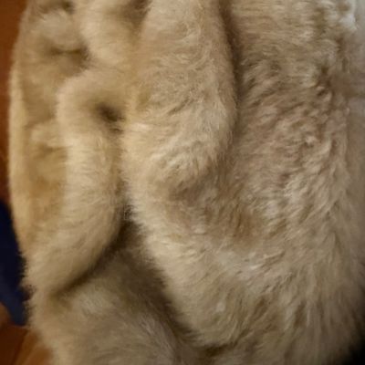Sale Photo Thumbnail #273: A stylish Jones New York faux fur coat in a warm honey-blonde/tan color. Features a textured, ruffled collar, tiered panel design, and a smooth satin-like lining. Includes a gold-tone chain hanging loop. Size Large (L). Made in China. Appears to be in ver