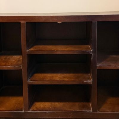 Sale Photo Thumbnail #277: There are three units that all match and could be put together to make a large bookcase unit. Shows light surface wear and minor dust from previous use, but remains in sturdy, functional condition.
- Center Console: 48" W x 16" D x 36" H