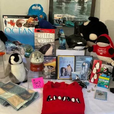 COLLECTION OF WHALES, PENGUINS/ BOOKS , MEDIA , CLOTHES 