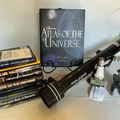 Lots Of Science Coffee Table Books With Microscopes And Telescope