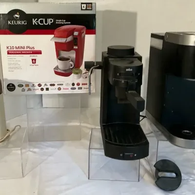 ULTIMATE COFFEE STATION / KEURIG K10 MINI PLUS/ BRAUN ESPRESSO MAKER -  VINTAGE GRINDER 