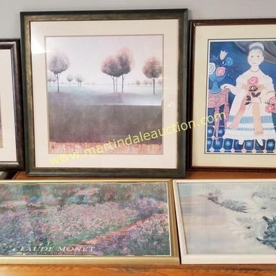 Sale Photo Thumbnail #42: Collection of five framed art prints, including a Claude Monet exhibition poster, landscape scenes, and a portrait of a girl, in various wooden and metal frames.