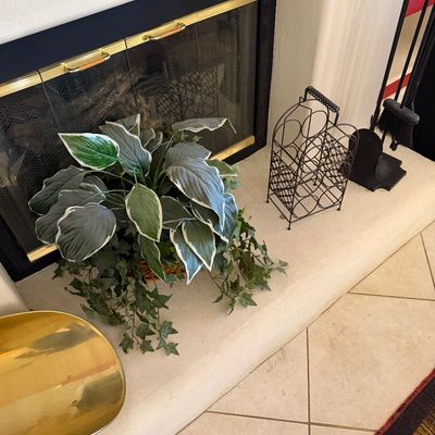 Sale Photo Thumbnail #277: Faux potted hosta and ivy plant, a black wire wine rack, and a brass fireplace screen and tool set arranged on a hearth.