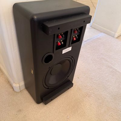 Sale Photo Thumbnail #298: Ohm Acoustics Walsh speaker in a black cabinet, showing the rear panel with dual binding posts and integrated mounting brackets.