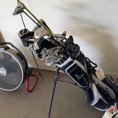Sale Photo Thumbnail #107: Callaway stand golf bag filled with an assortment of golf clubs, including Ping irons and TaylorMade woods, showing moderate use.