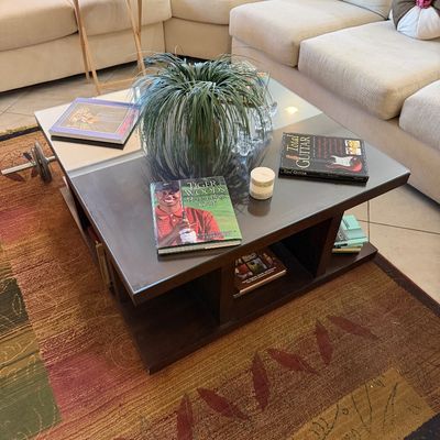 Sale Photo Thumbnail #279: Contemporary dark wood coffee table with a glass top insert and open lower shelving, styled with books and a potted plant.