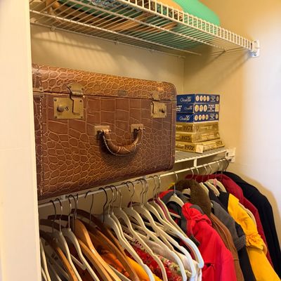 Sale Photo Thumbnail #21: Vintage brown faux-alligator skin suitcase with brass hardware, stored on a closet shelf alongside boxed Goebel collector plates.