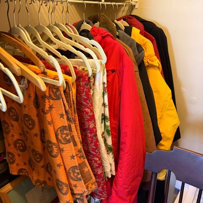 Sale Photo Thumbnail #18: Assorted winter coats and seasonal textiles, including a Halloween-themed orange throw, hanging in a closet.