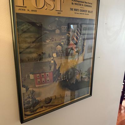 Sale Photo Thumbnail #6: Framed cover of The Saturday Evening Post from June 9, 1945, featuring a folk art illustration of a rural town scene.
