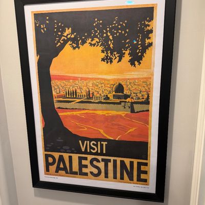 Sale Photo Thumbnail #111: Framed reproduction of the iconic 1936 "Visit Palestine" tourism poster designed by Franz Kraus, featuring a view of Jerusalem through olive trees.