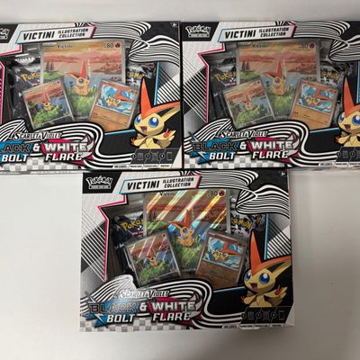 Sale Photo Thumbnail #226: Pokemon TCG Scarlet & Violet Black & White Bolt Flare Victini Illustration Collection (3-Pack)
