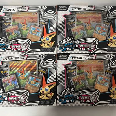 Sale Photo Thumbnail #130: Set of 4 Pokemon Scarlet & Violet Black & White Bolt Flare Victini Illustration Collection Boxes