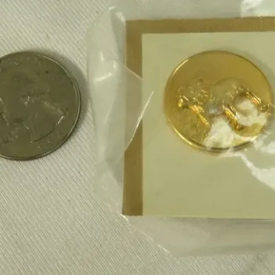 Small gold-tone round pin featuring a raised lion figure, sealed in original plastic packaging and shown next to a quarter for scale.