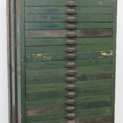 Sale Photo Thumbnail #310: Early wooden printer's typesetting cabinet
