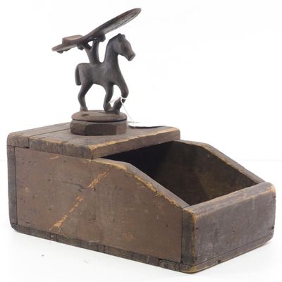 Sale Photo Thumbnail #724: Early shoe shine box with horse foot rest