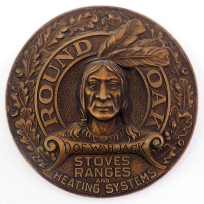 Sale Photo Thumbnail #45: RARE Early Round Oak Stove sign